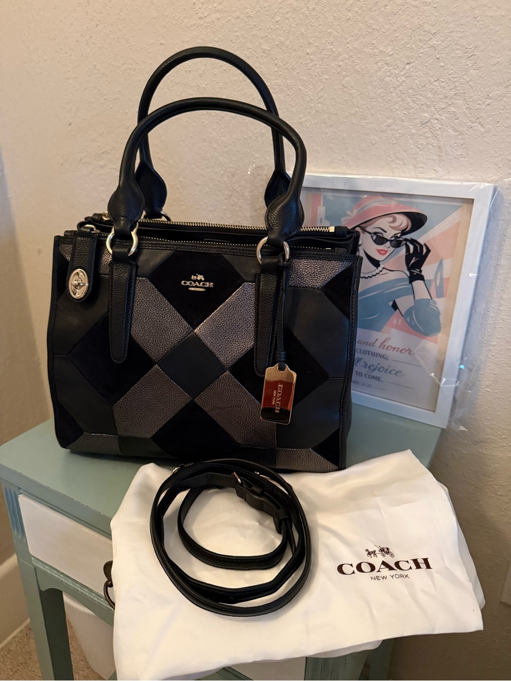 Coach Leather & Suede Patchwork 2 Way Bag with Dustbag